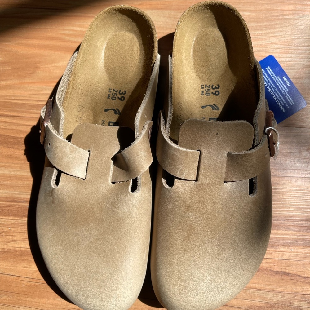 Brand new oiled leather Boston Birkenstocks.